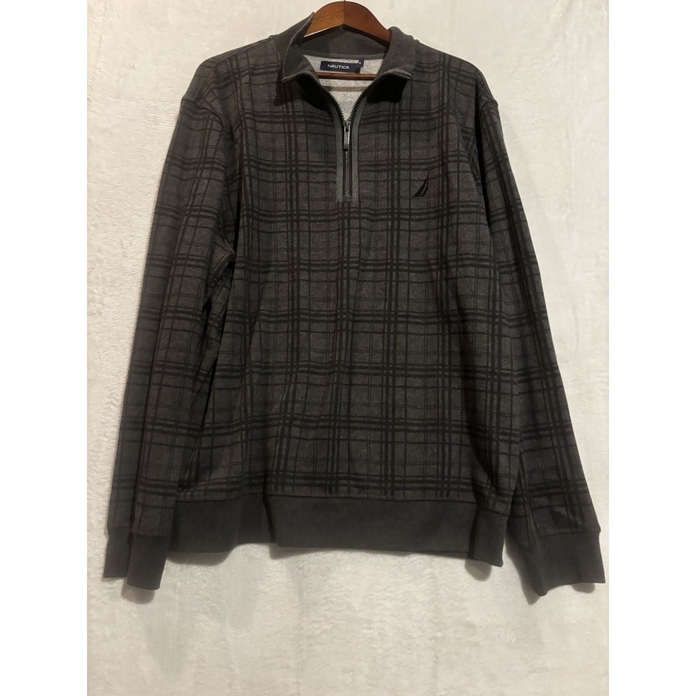 Nautica Sweatshirt Mens XL Gray Plaid‎ Cotton Blend Mock Neck Quarter Zip